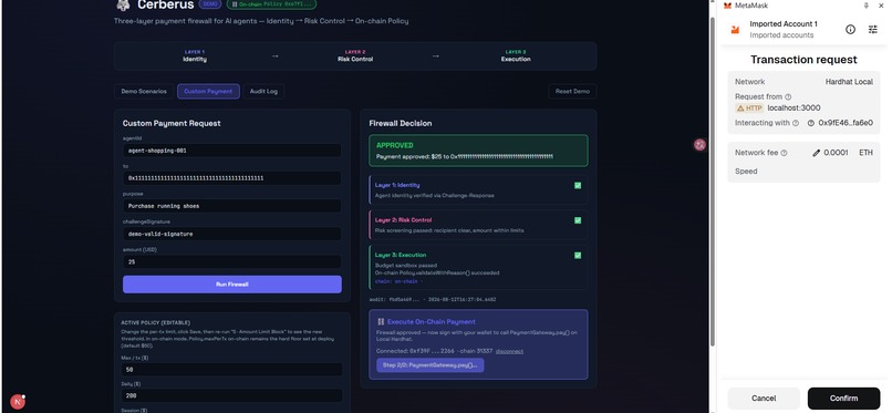 Cerberus: On-Chain Payment Firewall for AI Agents – screenshot 12