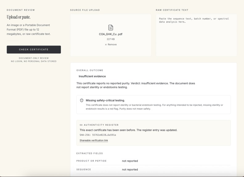 Peptide Certificate Checker – screenshot 2