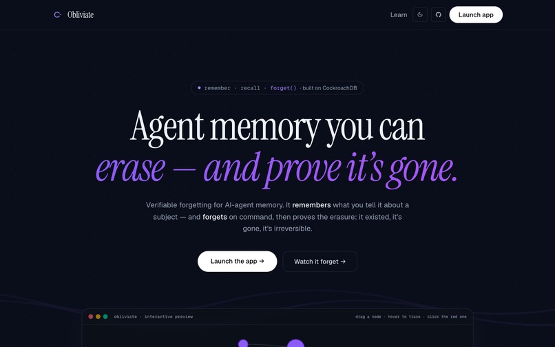 Obliviate — verifiable forgetting for AI memory – screenshot 1