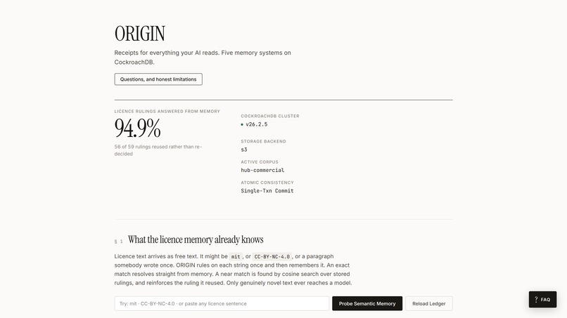 ORIGIN: Agentic Memory & Provenance Engine CockroachDB × AWS – screenshot 1