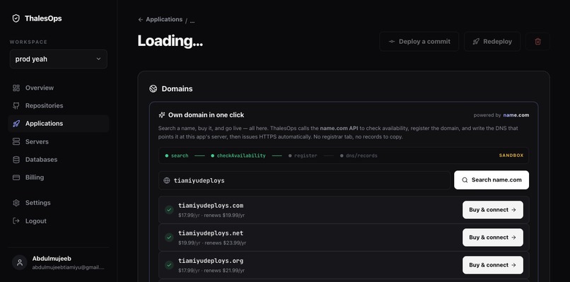 ThalesOps: one-click domains via name.com – screenshot 1