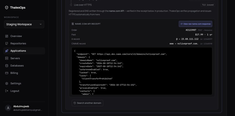 ThalesOps: one-click domains via name.com – screenshot 2