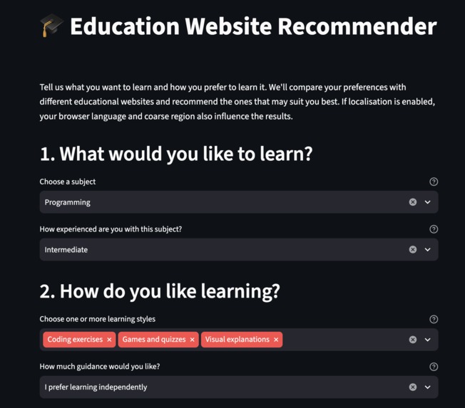 Education Recommendation website – screenshot 1