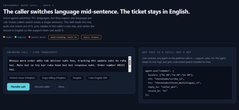 Codemix Skill — code-mixed support calls, English tickets – screenshot 1