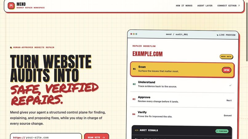 Mend: Safe, verified website repairs with WebMCP – screenshot 1