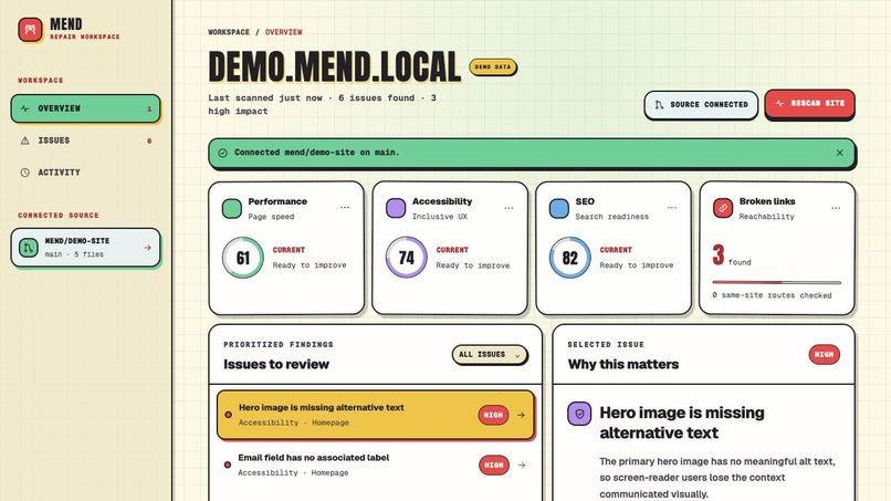 Mend: Safe, verified website repairs with WebMCP – screenshot 9