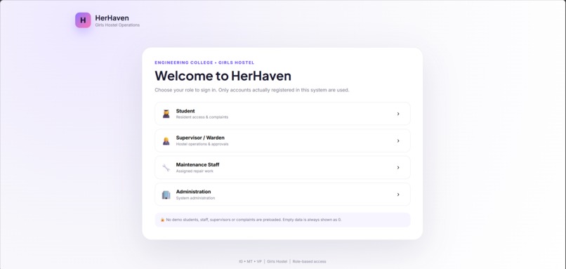 HerHaven – Girls Hostel Management System – screenshot 1