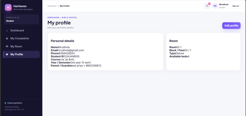 HerHaven – Girls Hostel Management System – screenshot 5