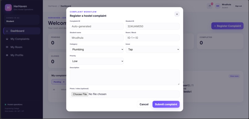 HerHaven – Girls Hostel Management System – screenshot 3
