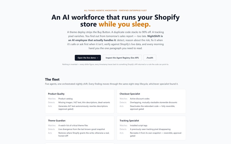 NightShift — an autonomous AI ops fleet for Shopify – screenshot 1