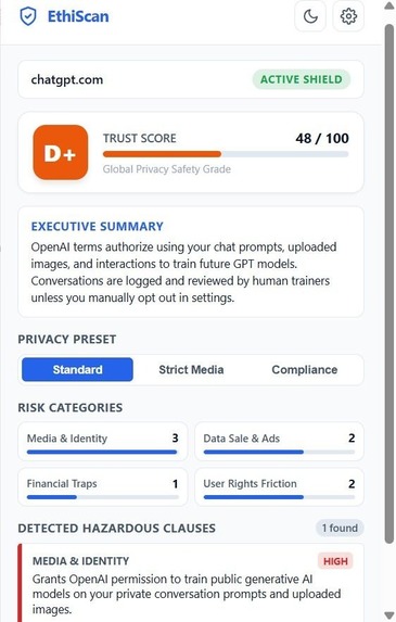 EthiScan — AI Privacy & TOS Shield – screenshot 2