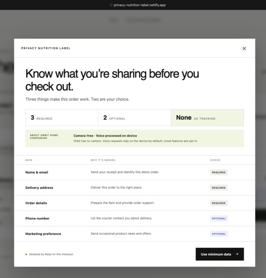 Privacy Nutrition Label – screenshot 1