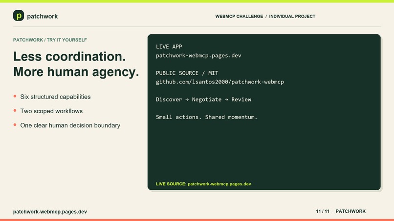 Patchwork WebMCP- let people and AI agents discover projects – screenshot 4