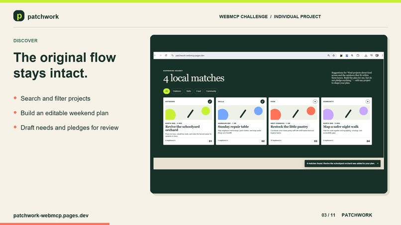 Patchwork WebMCP- let people and AI agents discover projects – screenshot 8
