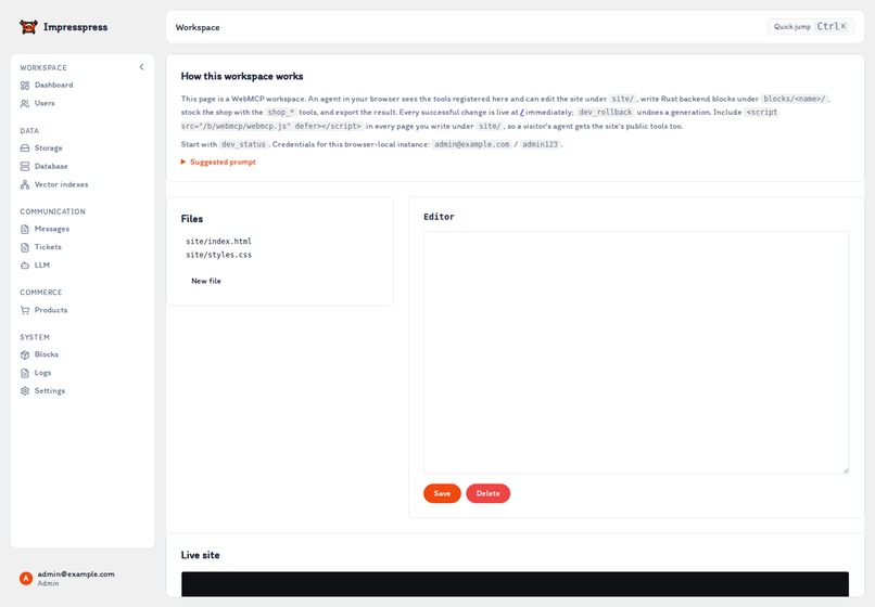 ImpressPress Dev Sandbox (dev.impresspress.org) – screenshot 4