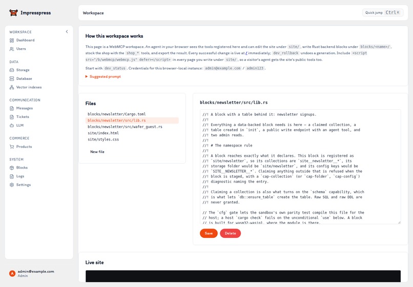 ImpressPress Dev Sandbox (dev.impresspress.org) – screenshot 5