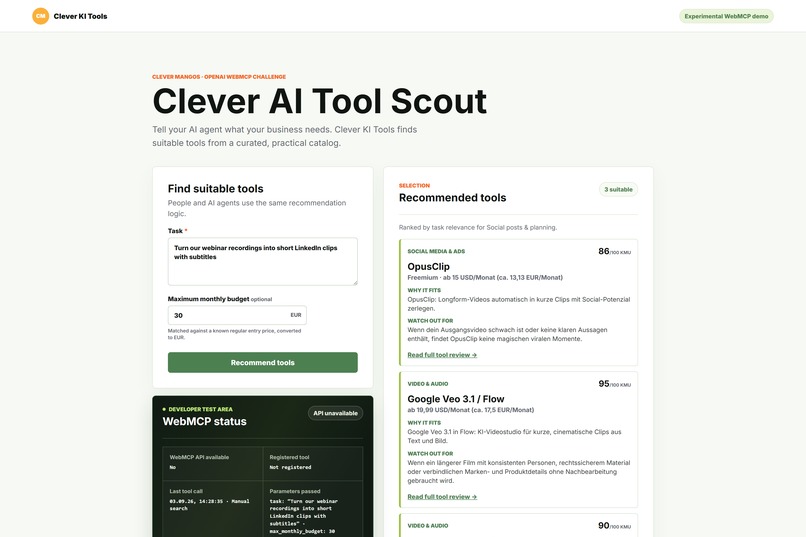 Clever Mango's "AI Tool Scout"    (cleverkitools.com) – screenshot 2