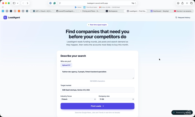 LeadAgent — B2B leads from live market signals – screenshot 1