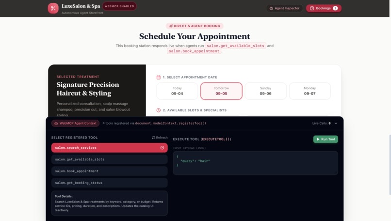 LuxeSalon & Spa — WebMCP Autonomous Storefront – screenshot 2