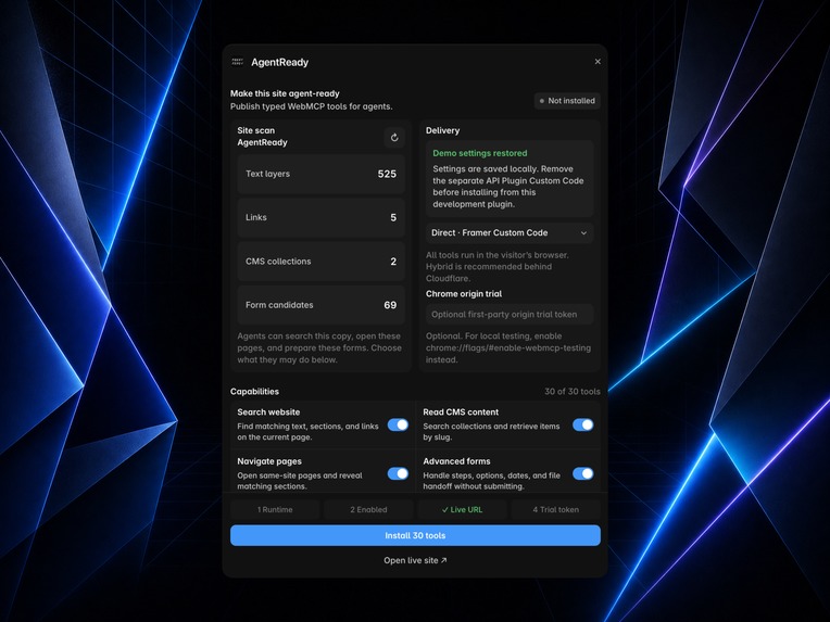 AgentReady — WebMCP Builder for Framer – screenshot 1