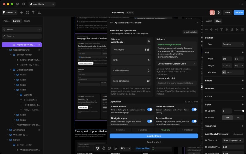 AgentReady — WebMCP Builder for Framer – screenshot 2