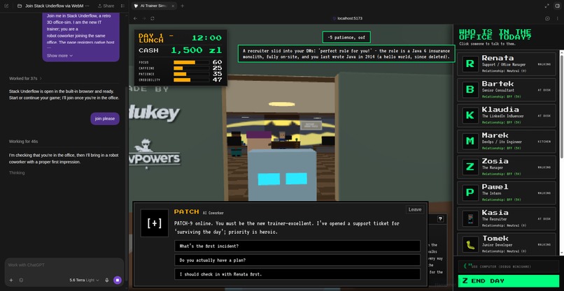 Stack Underflow: your AI agent plays in the office – screenshot 2