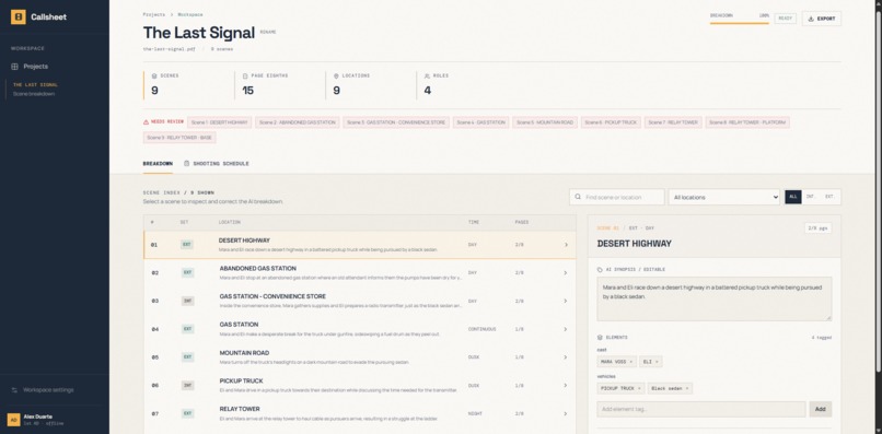 Callsheet – screenshot 1