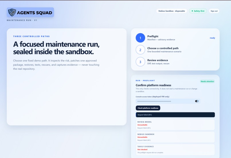 Agents Squad -  Sandbox-Verified Dependency Repair – screenshot 1