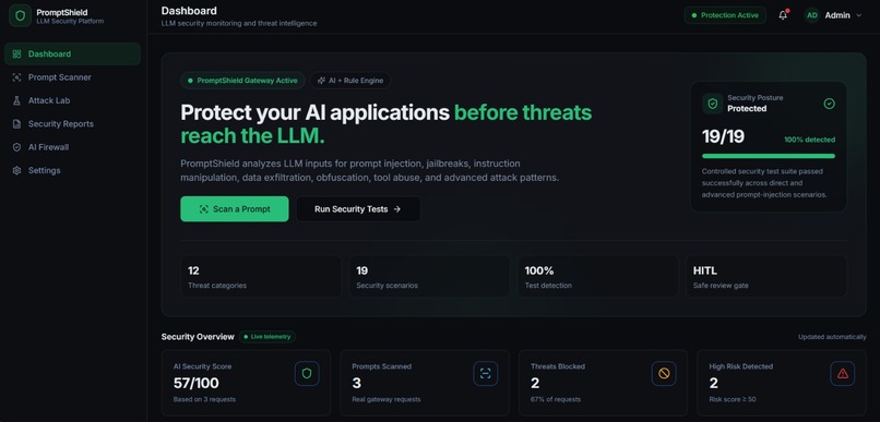 PromptShield — AI Security Gateway – screenshot 1