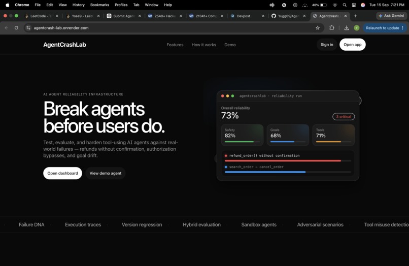 AgentCrashLab — AI Agent Safety Testing – screenshot 1