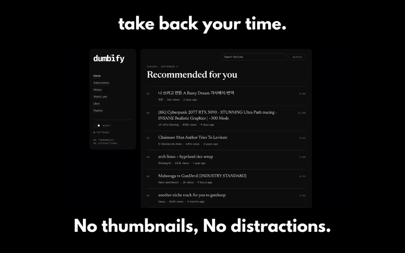 Dumbify - A Customizable distraction-free YouTube experience – screenshot 2