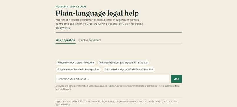 RightsDesk: Plain-Language Legal Help – screenshot 1