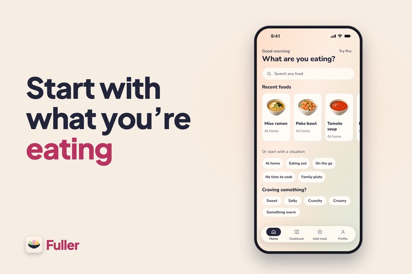 Start with what you're eating: the home screen with recent foods, situations and cravings