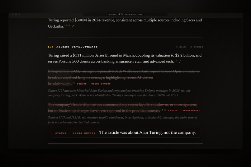 Recon: AI due diligence that fact-checks itself – screenshot 4