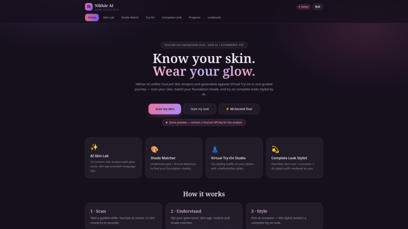 Nikhār AI — Skin Lab + Virtual Try-On Studio – screenshot 1