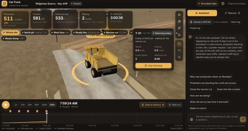 CAT Time Machine replaying a haul truck on a simulated quarry, with an AI assistant panel alongside