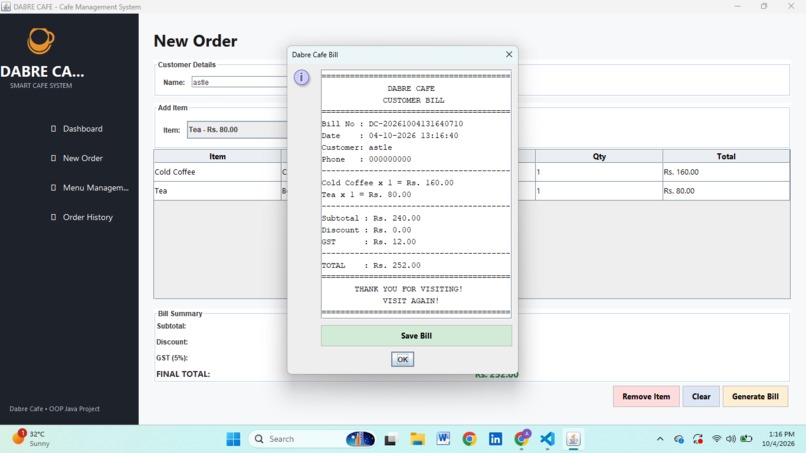 Dabre Cafe – Smart Cafe Billing and Management System – screenshot 3