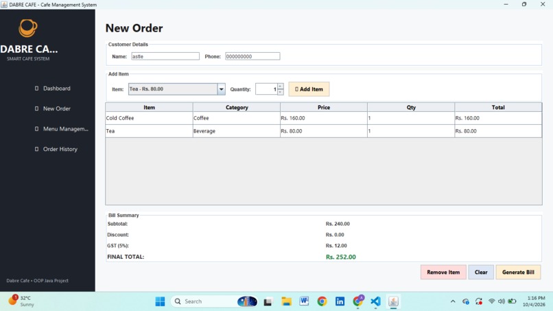 Dabre Cafe – Smart Cafe Billing and Management System – screenshot 2