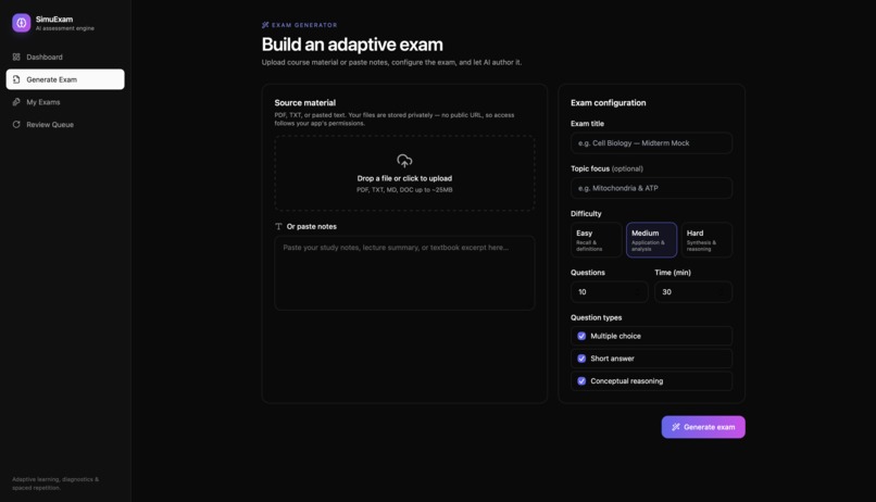 SimuExam AI - Adaptive Exam Simulator & Diagnostic Engine – screenshot 2