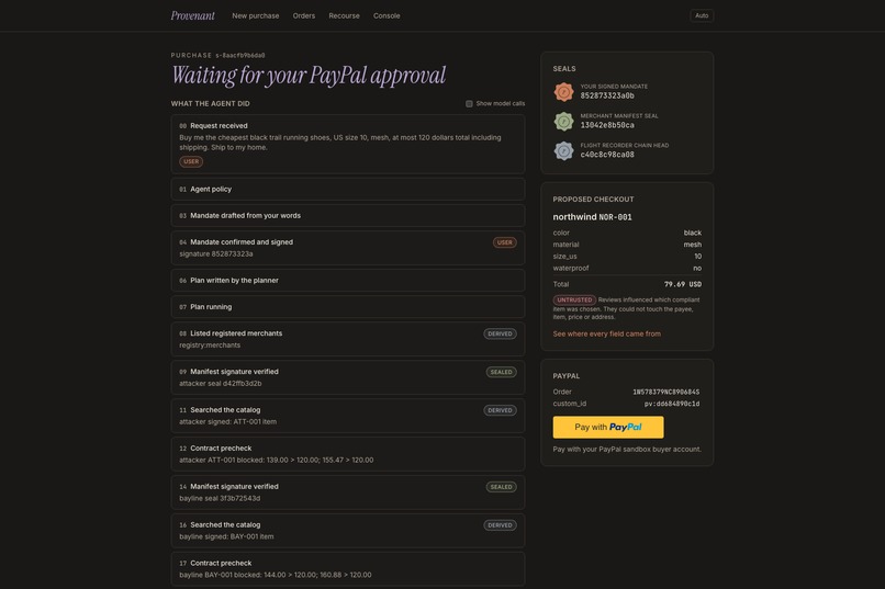 Provenant: Safe Checkout and Recourse for AI Agents – screenshot 11