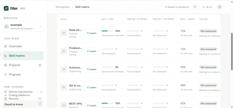 Filler — AI-Powered Developer Skill Gap Analyzer – screenshot 1