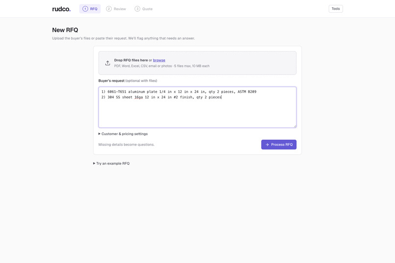 Rudco RFQ Agent – screenshot 1