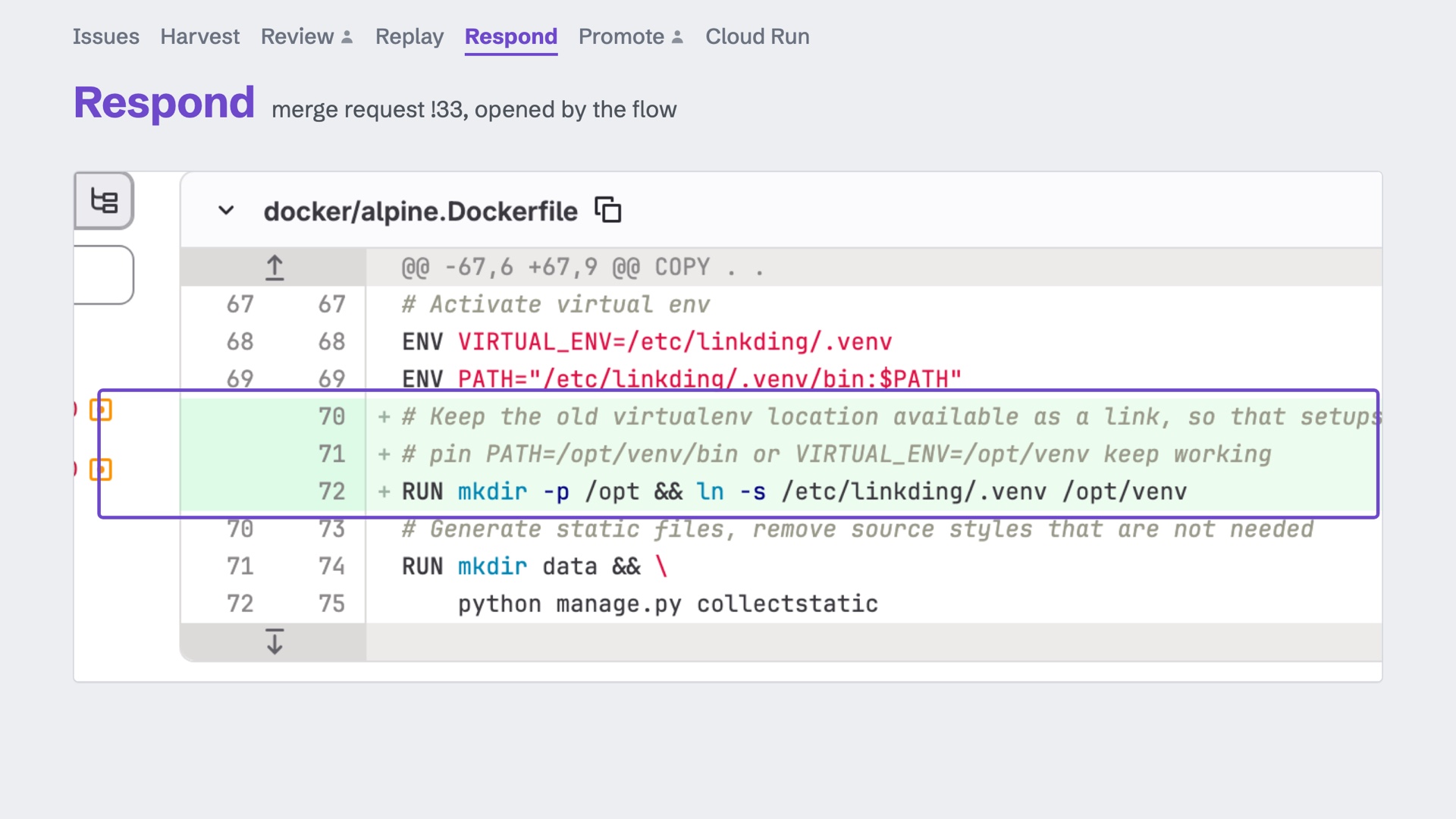 The responder flow's fix in !33: keep the old virtualenv path as a link