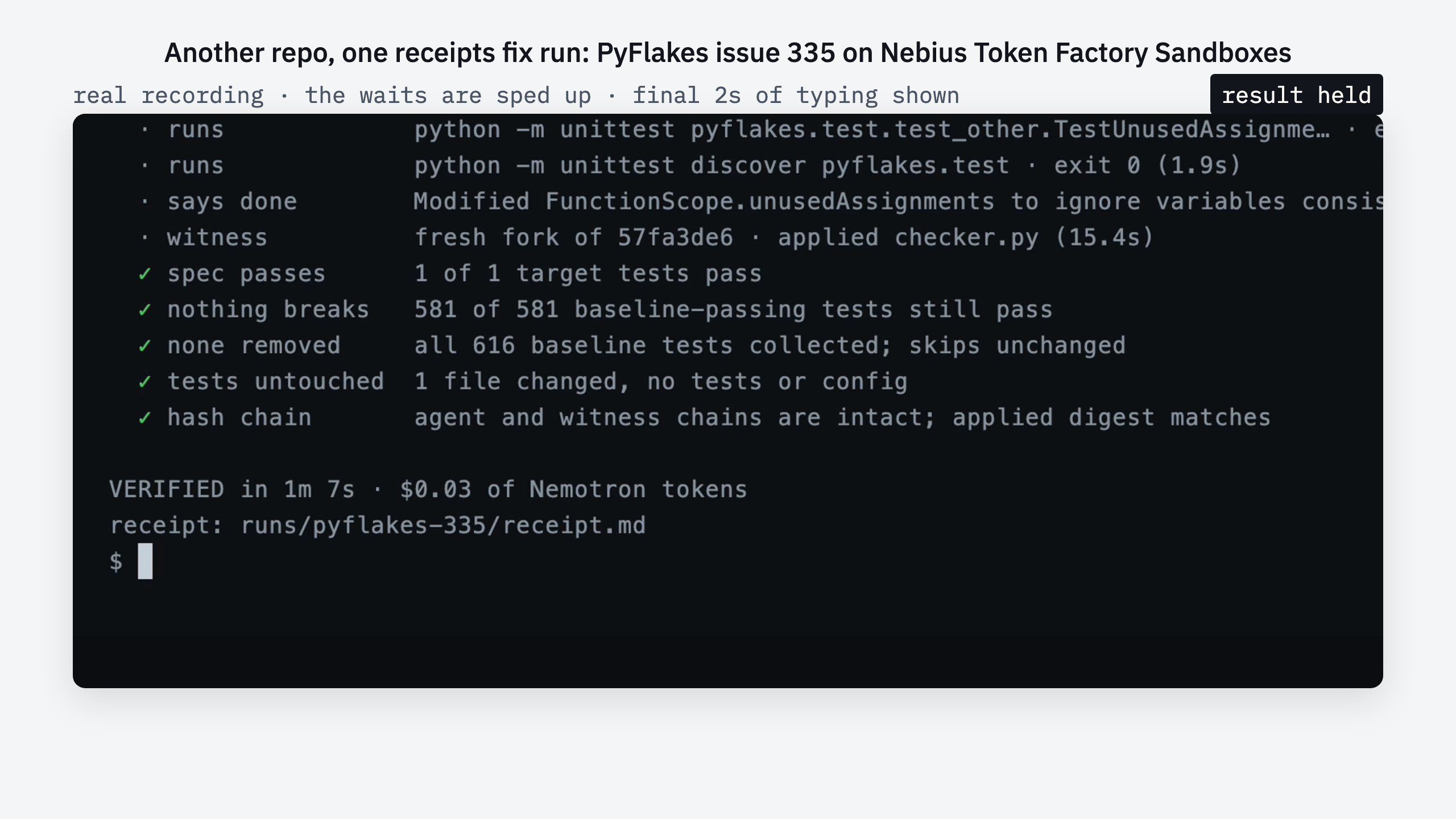 receipts fix on PyFlakes issue 335: the five checks pass and the run ends VERIFIED in 1m 7s for $0.03 of Nemotron tokens