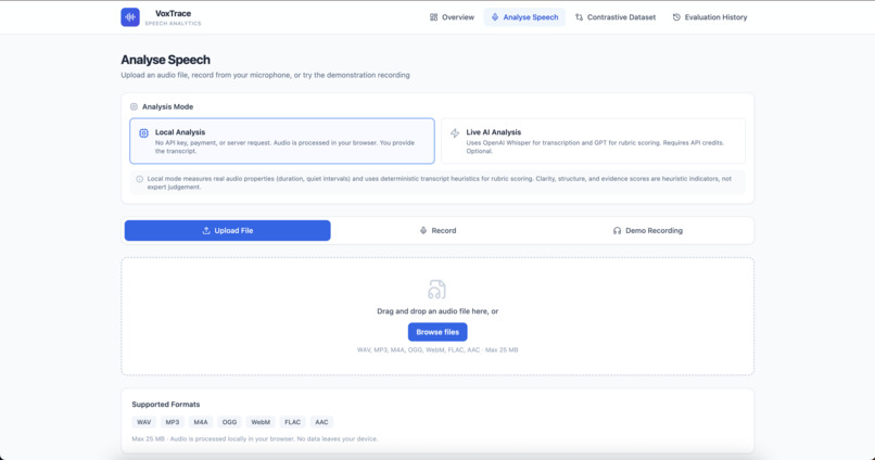 VoxTrace: Evidence-Grounded Speech Analytics – screenshot 1