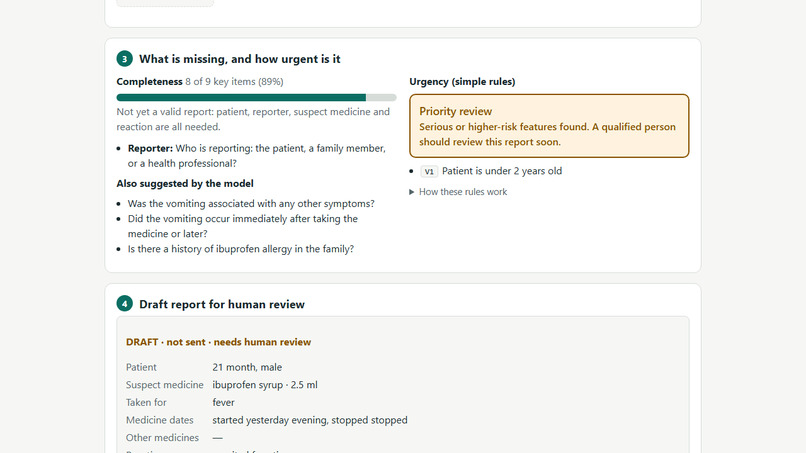 SafeSignal – Multilingual Side-Effect Reporting with Apertus – screenshot 3