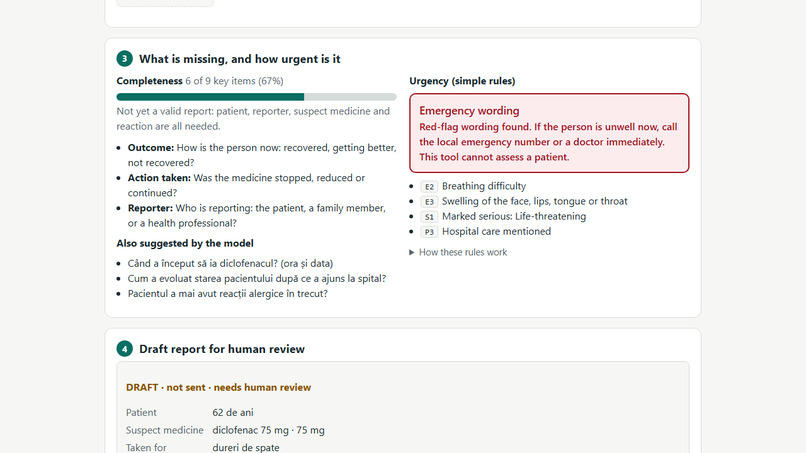 SafeSignal – Multilingual Side-Effect Reporting with Apertus – screenshot 4