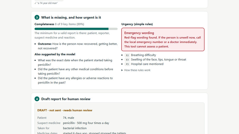 SafeSignal – Multilingual Side-Effect Reporting with Apertus – screenshot 5