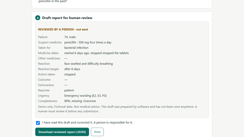 SafeSignal – Multilingual Side-Effect Reporting with Apertus – screenshot 6