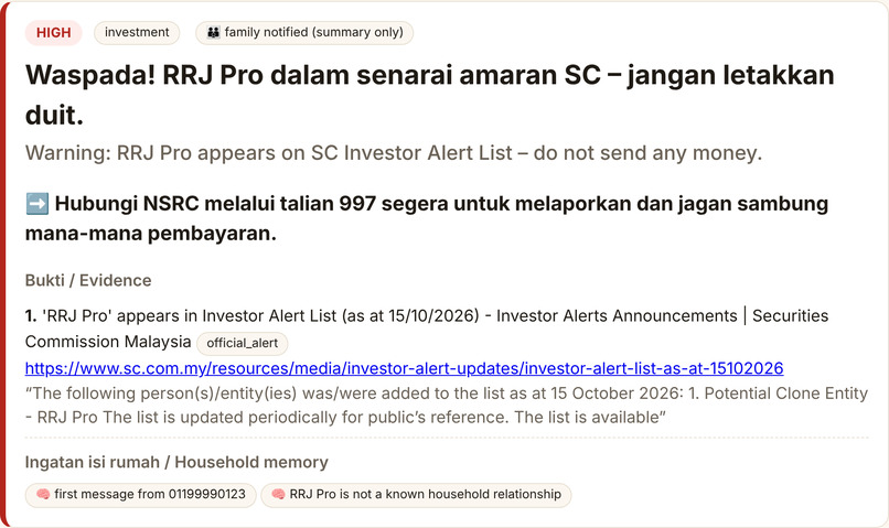 Jaga: a scam guardian that verifies before it warns – screenshot 2